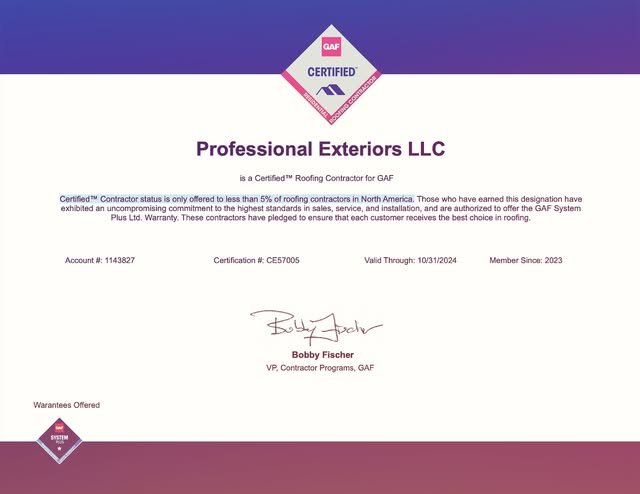 Professional Exteriors — GAF-certified roofing contractor certificate