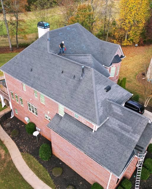 New roof on a brick Atlanta home, aerial view